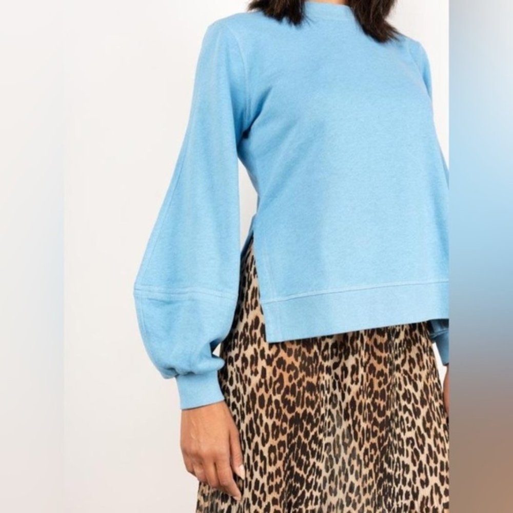 GANNI Isoli Sweatshirt Azure Blue Slits Puff Balloon Sleeves Pastel Cotton Logo